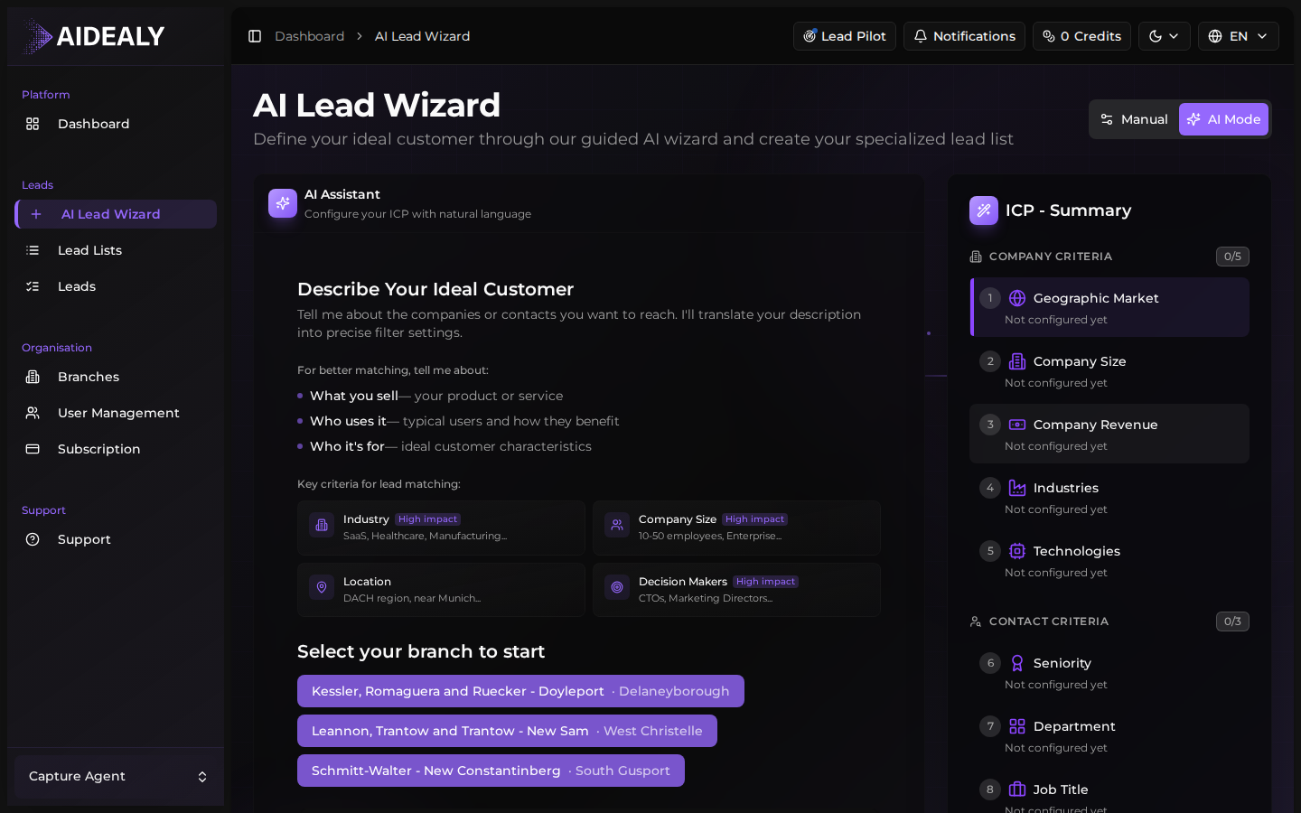 AI Lead Wizard opened to the chat with the selected branch pre-filled