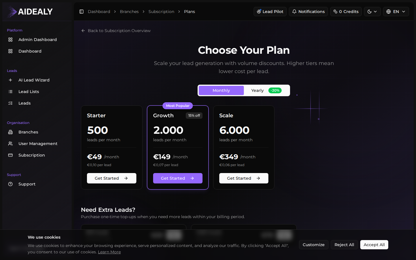 Subscription plans page with tier comparison cards
