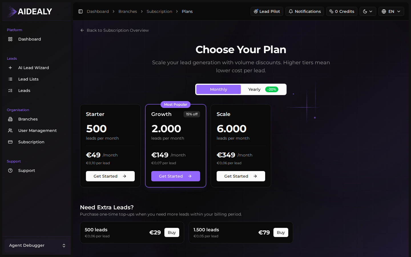 Click Get Started on the tier you want