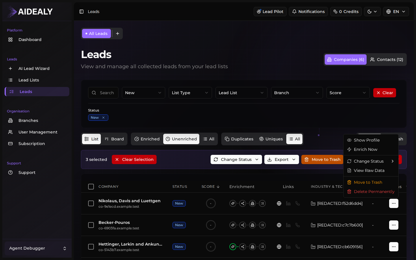 Enrichment progress modal showing pipeline steps