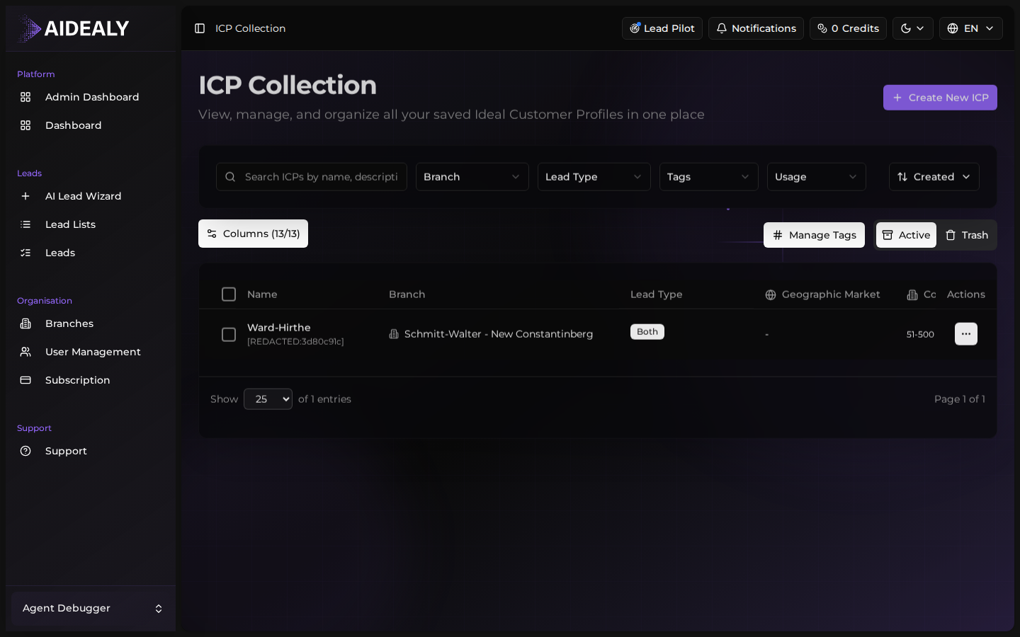 ICP archive showing list of saved profiles