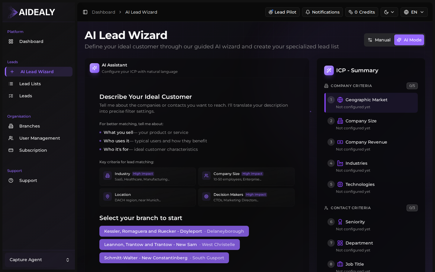 ICP wizard step 1 — branch selection