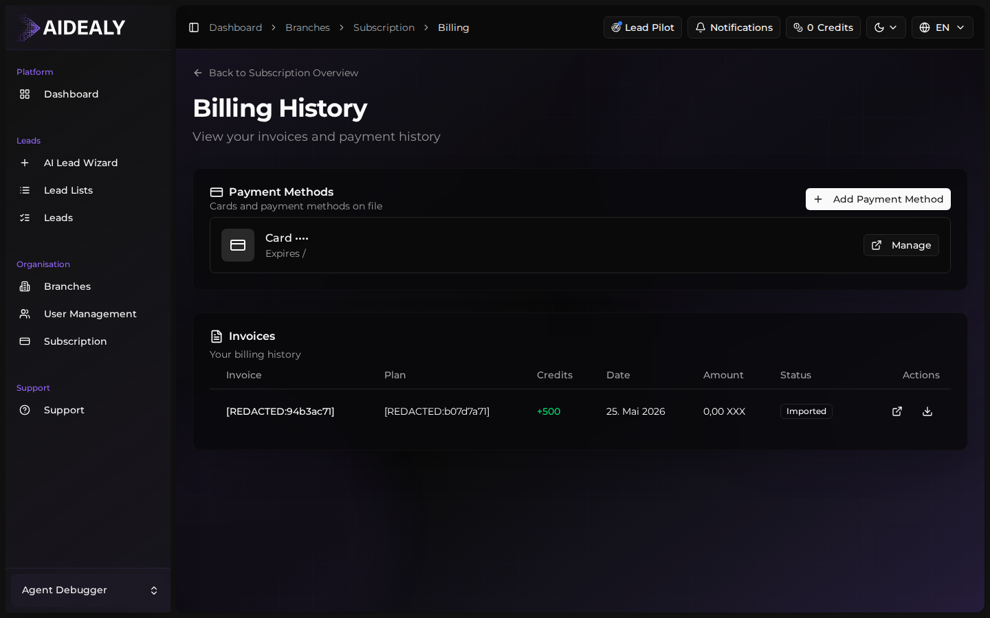 Billing history page showing the list of invoices