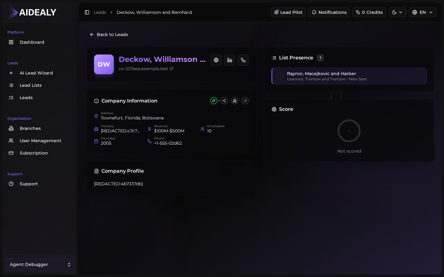 Lead detail page header with company profile