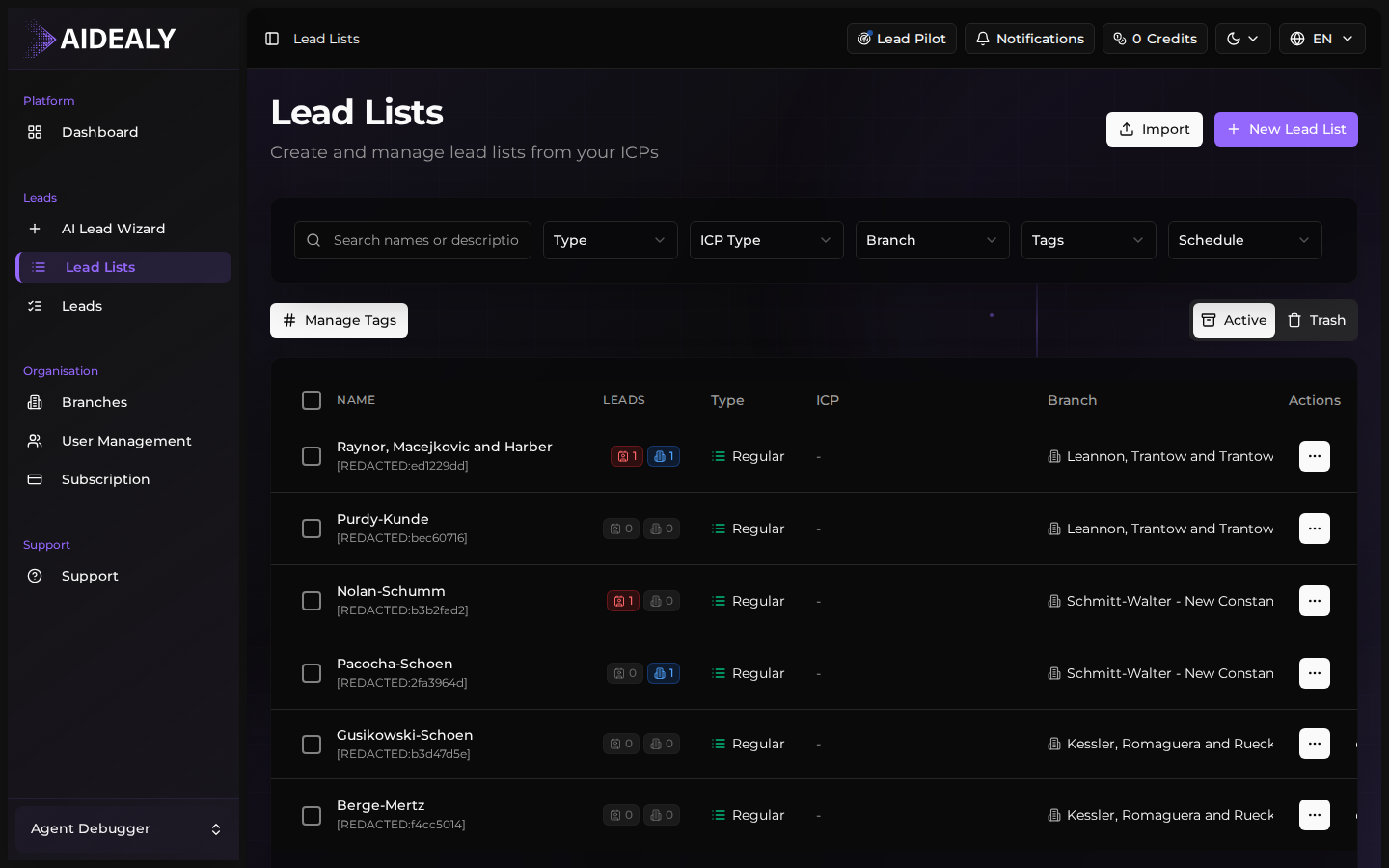 Lead Lists page showing all configured lists