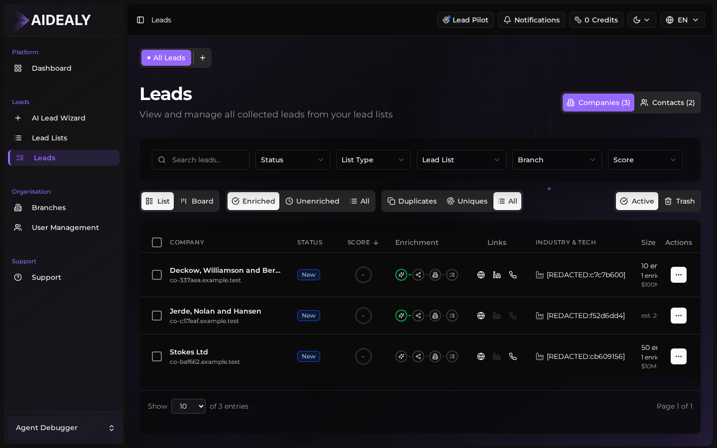 Leads Hub default 'All leads' view with table