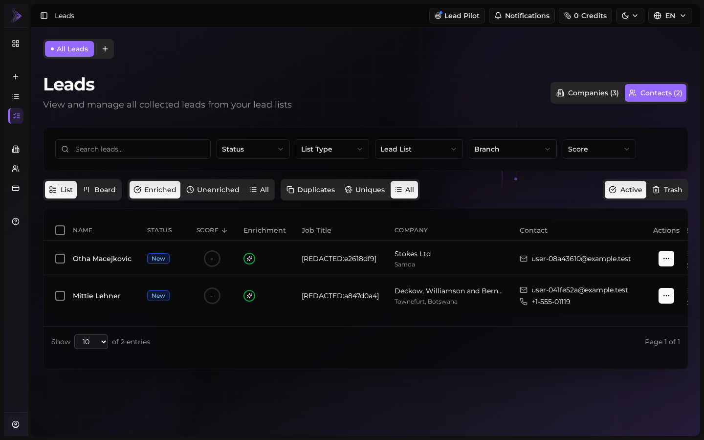 Leads Hub header showing view tabs and toolbar