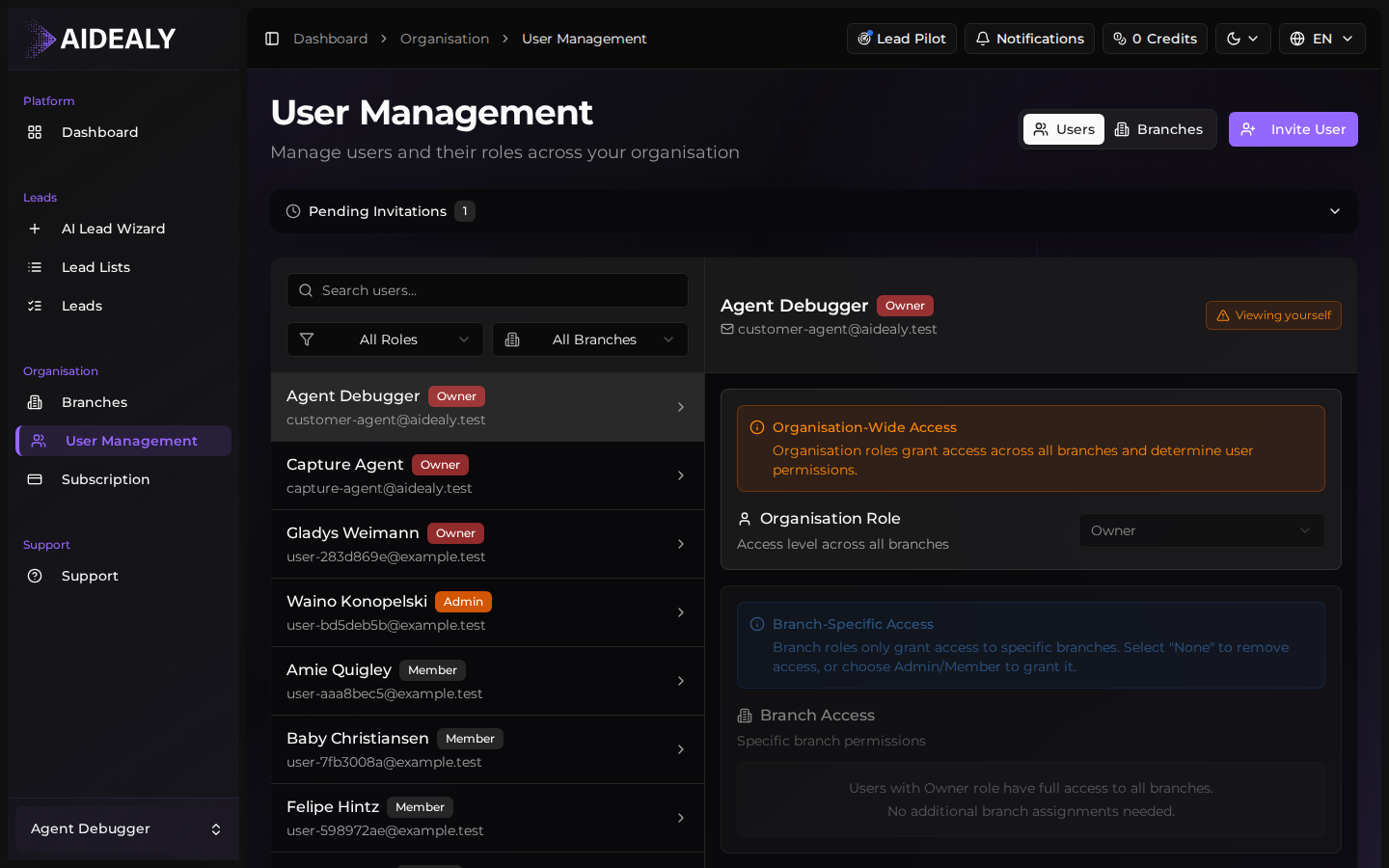 Users page with team member list