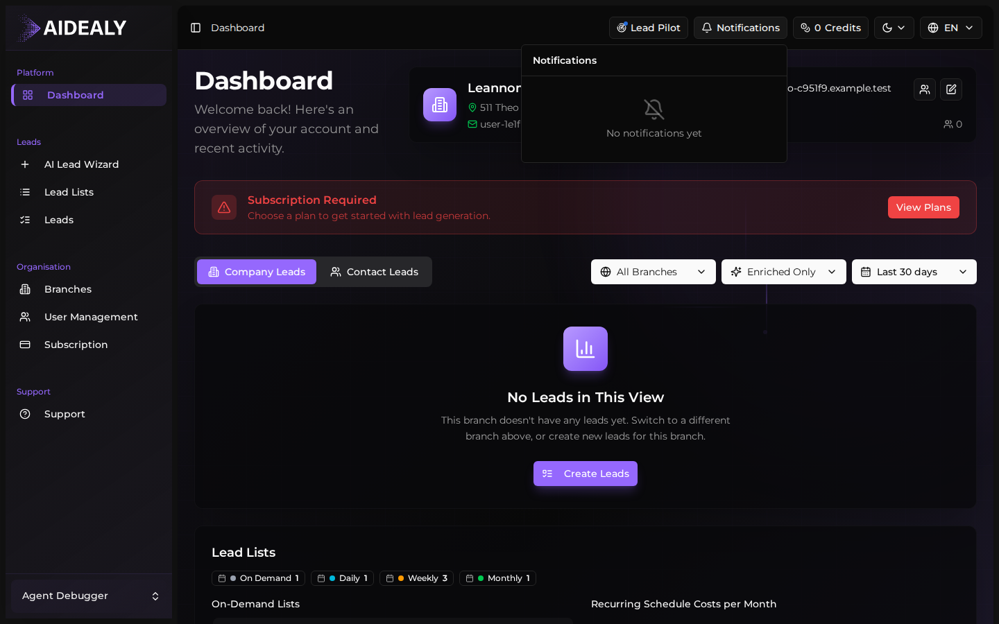 Notification center page with the activity timeline