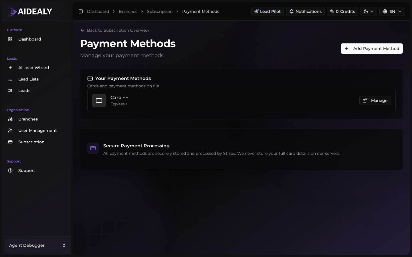Payment methods page listing saved cards