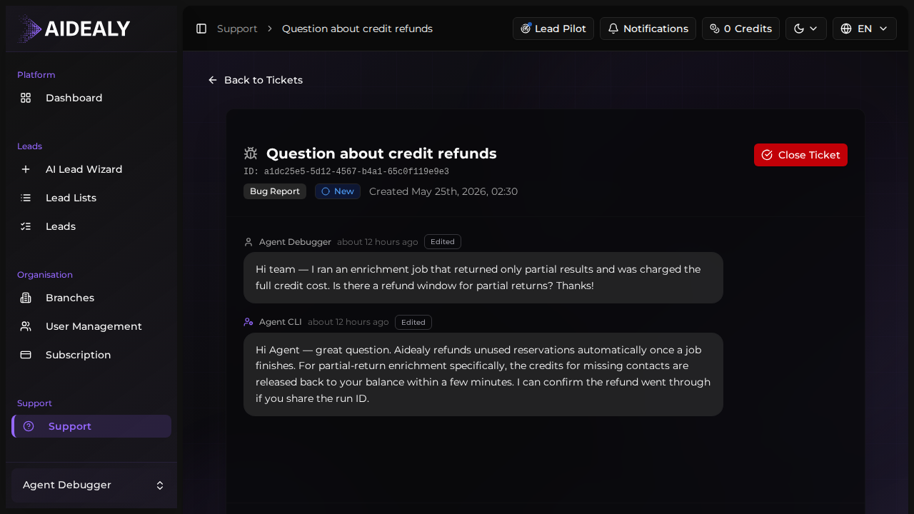 Support ticket thread with messages from the customer and the agent